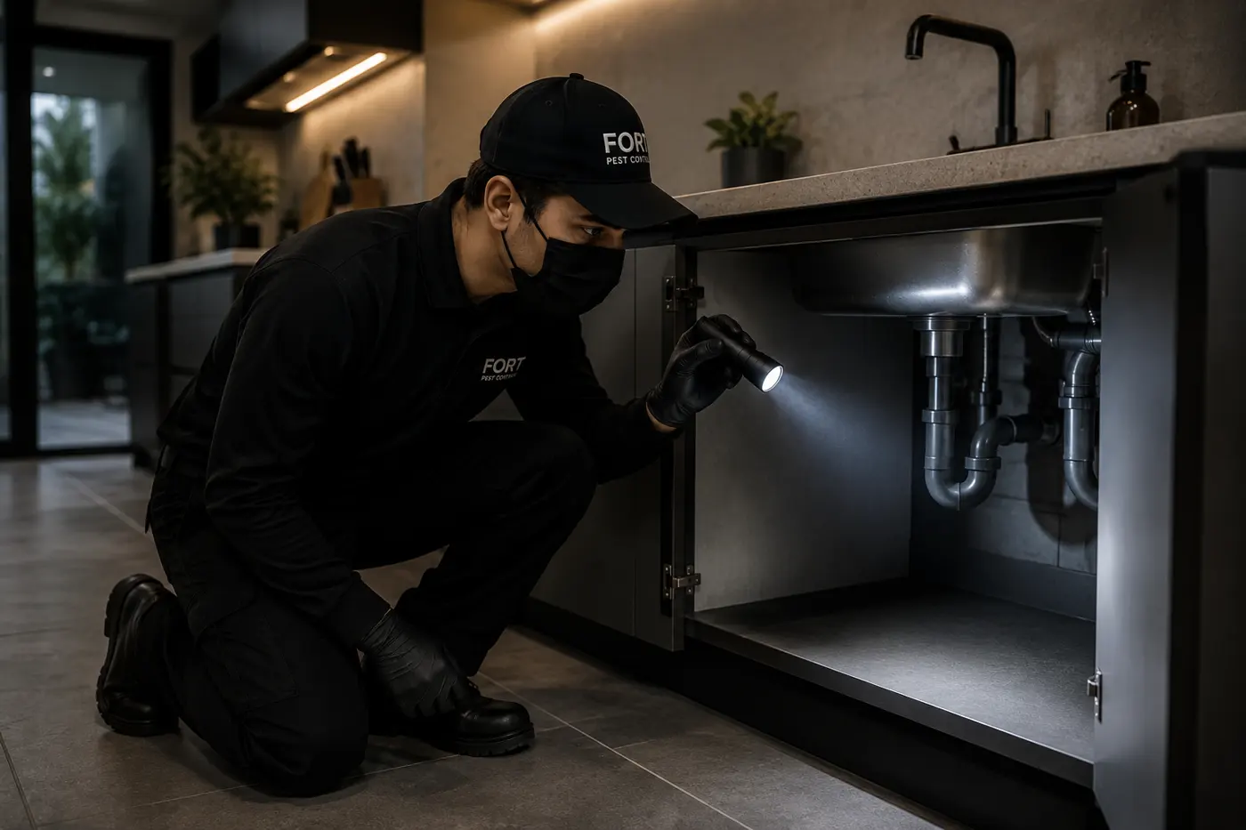 FORT technician inspecting under a kitchen sink — editorial brand imagery