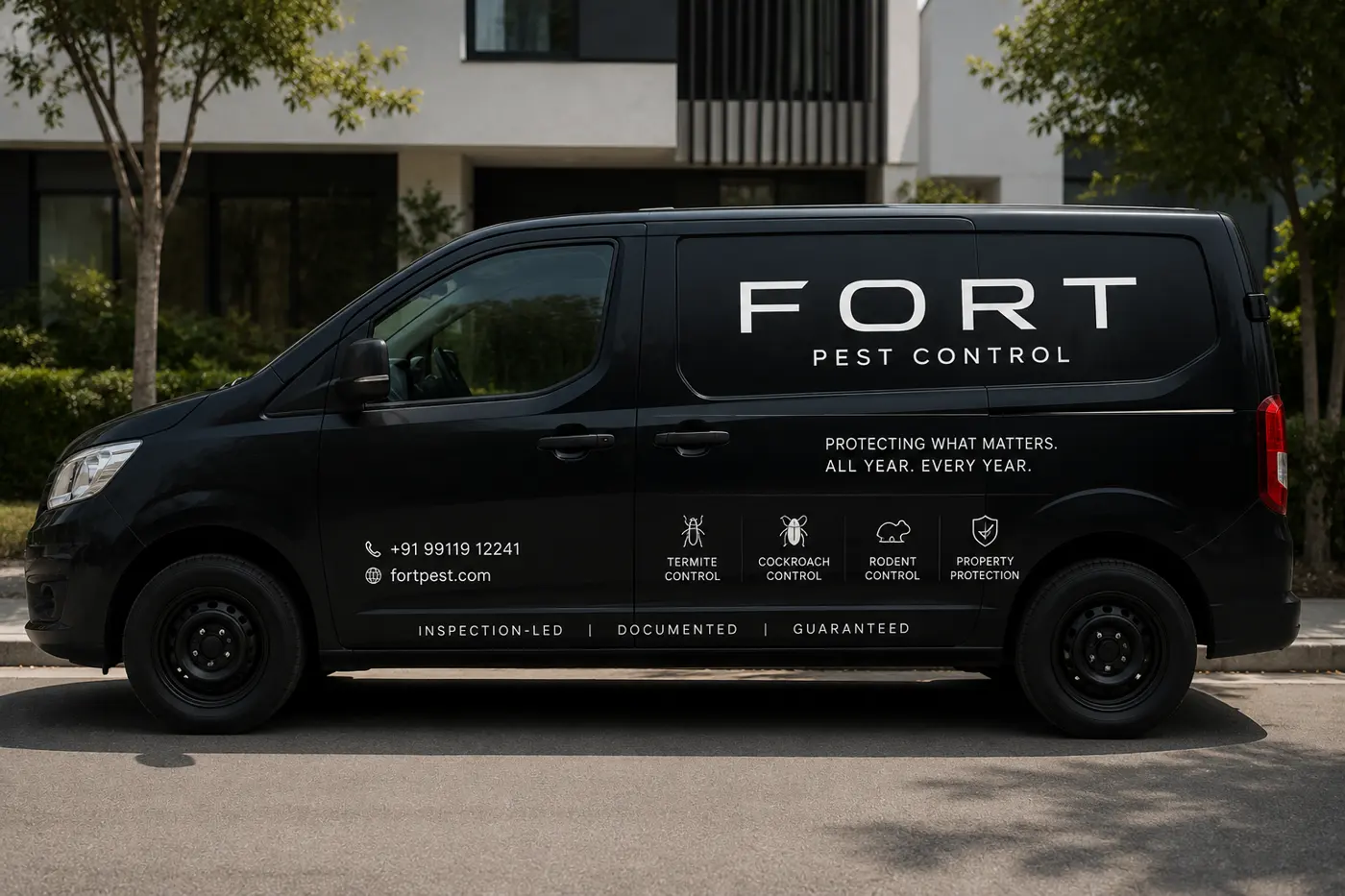 FORT Pest Control service van parked on a residential street in Delhi NCR — editorial brand imagery